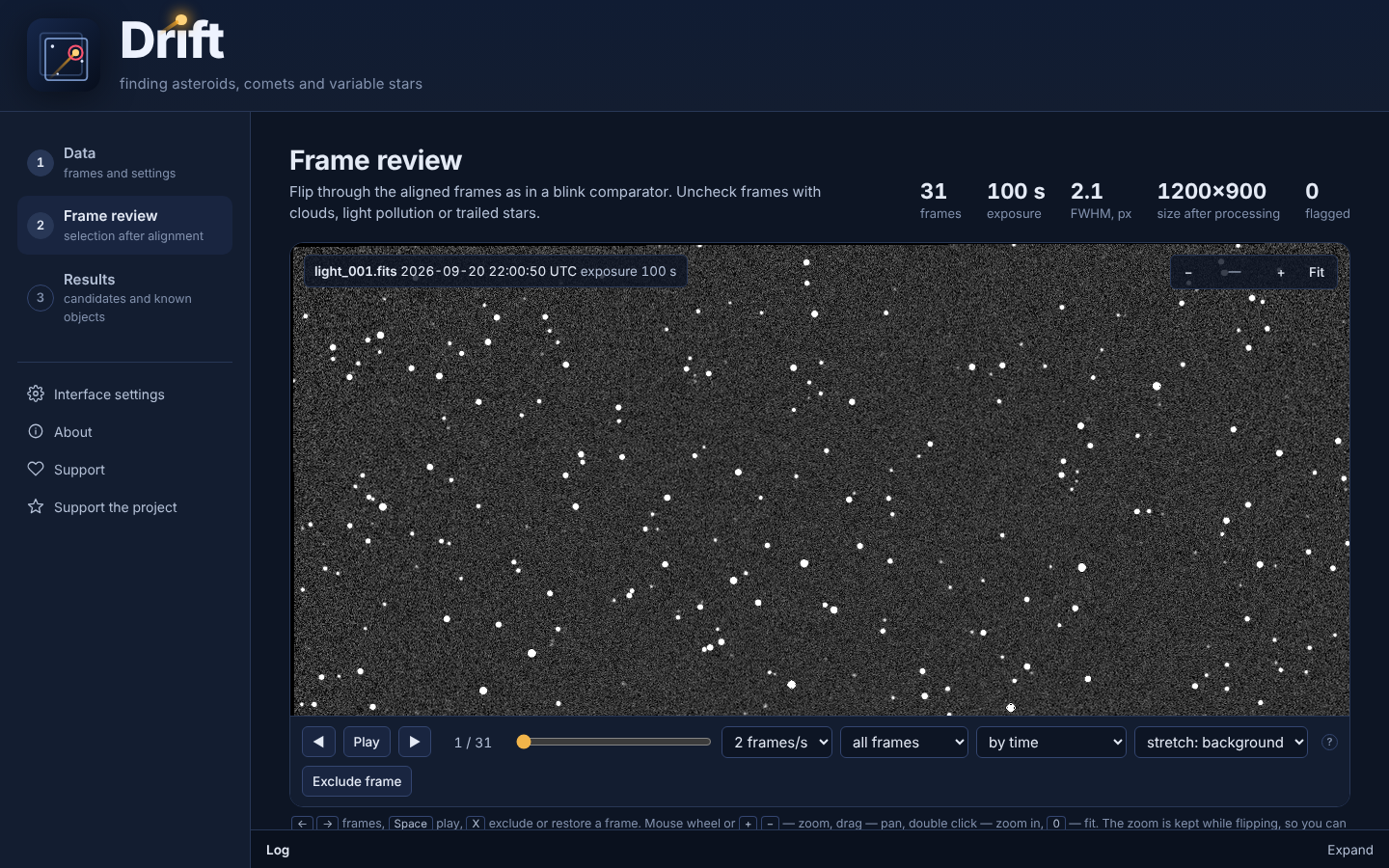 Step 2 — reviewing the aligned frames
