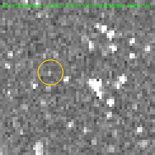 Animation: asteroid 8024 Ochanomizu in the yellow circle is barely visible on single frames and clearly visible on the last frame — the stack along its motion